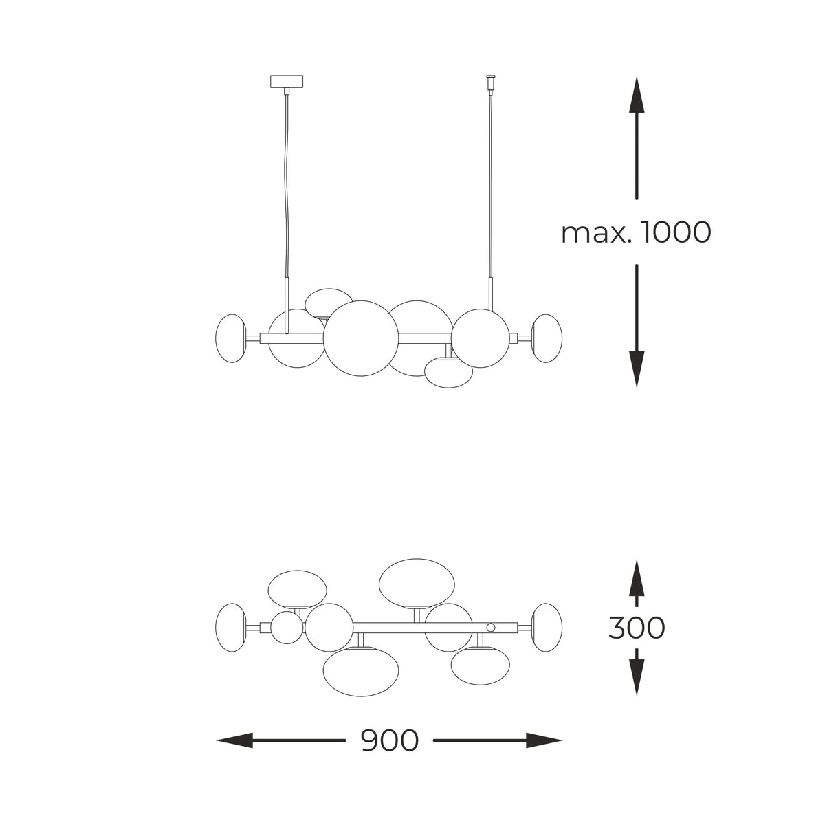 Schéma technique coté : hauteur maximale 1000 mm, largeur 900 mm, profondeur 300 mm