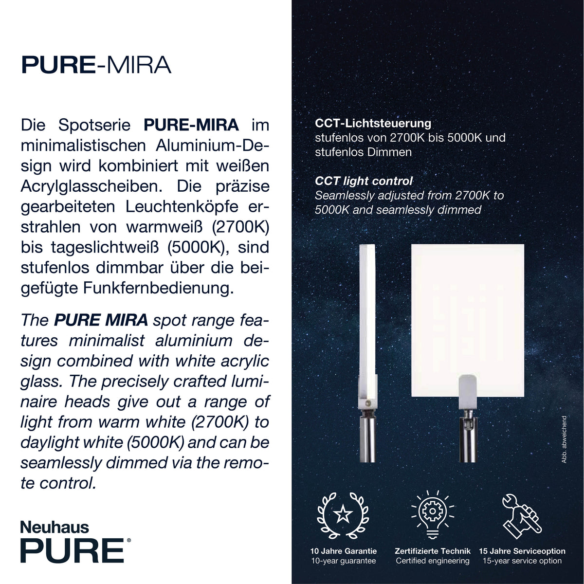 Détail technique de la série Pure-Mira avec têtes de projecteurs et labels de garantie