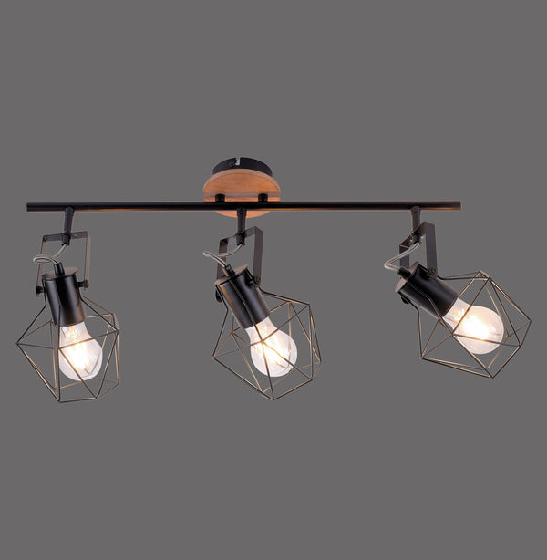 Plafonnier Jaro 3 lumières noir et bois