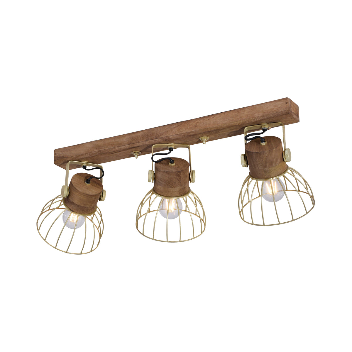 Vue en perspective du plafonnier trois spots orientables en bois et laiton