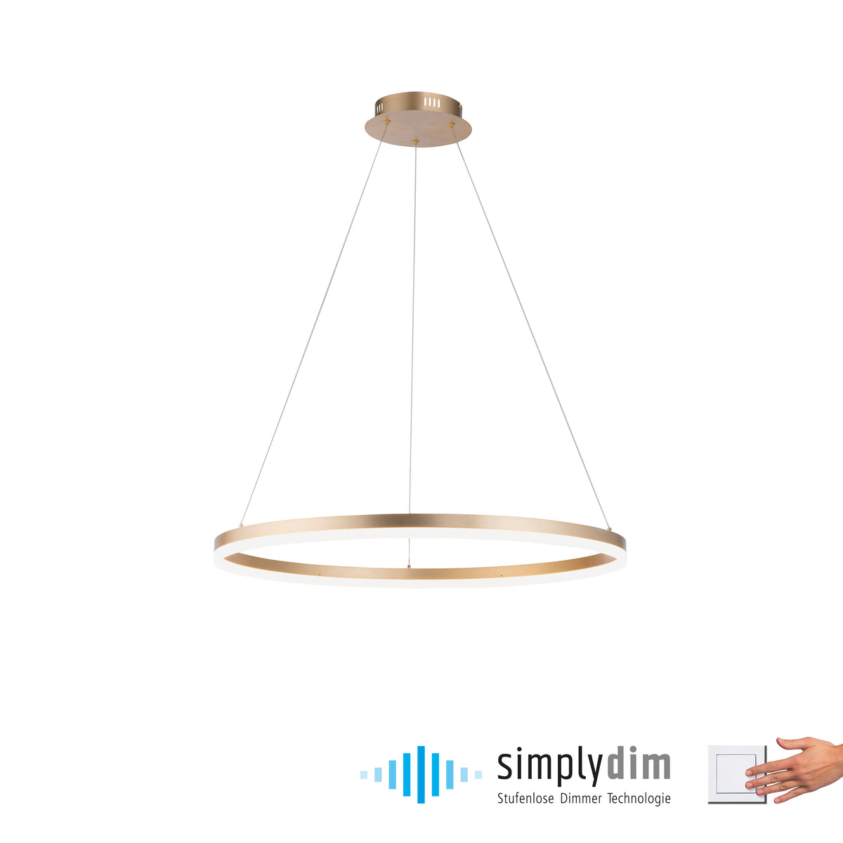Luminaire présenté de face sur fond blanc avec logo de gradation continue