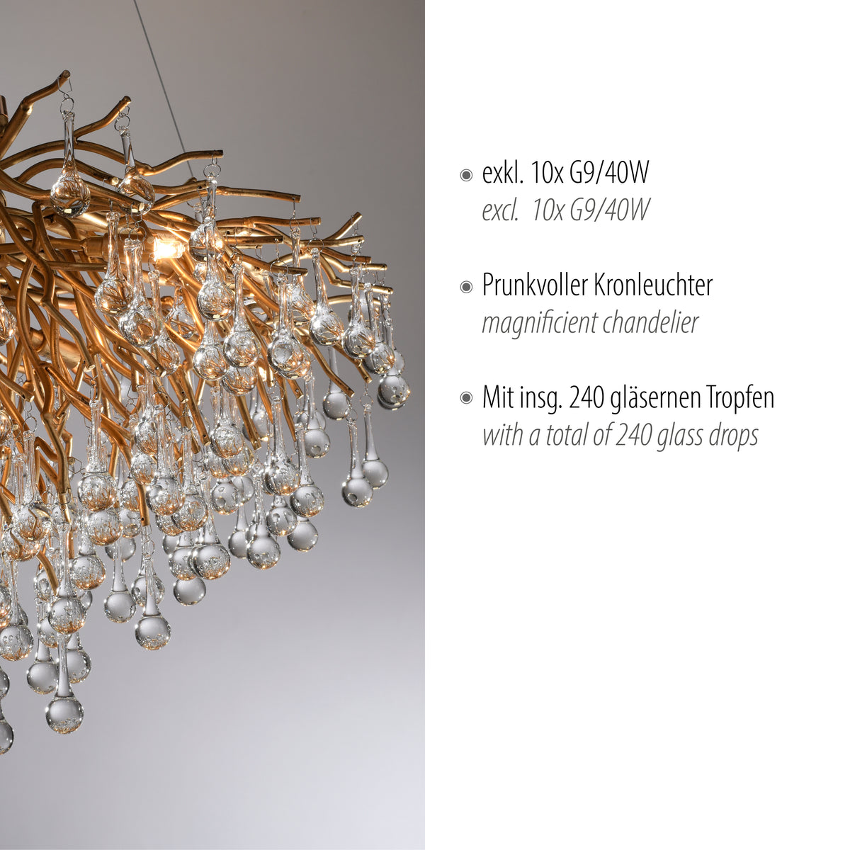 Gros plan sur les gouttes de verre, avec texte mentionnant dix ampoules G9 et 240 gouttes.