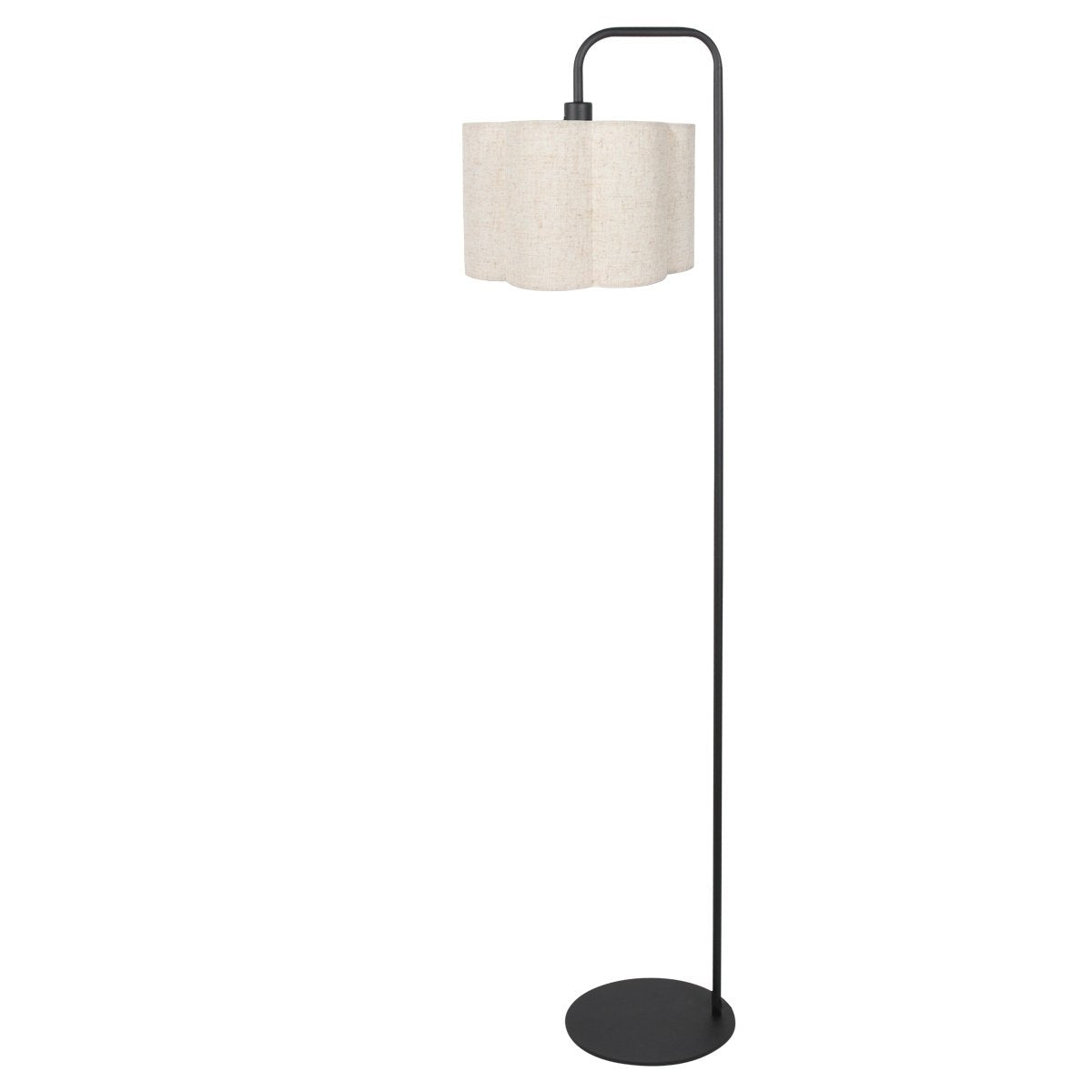 Lampadaire noir en vue légèrement décalée, bras recourbé et socle rond