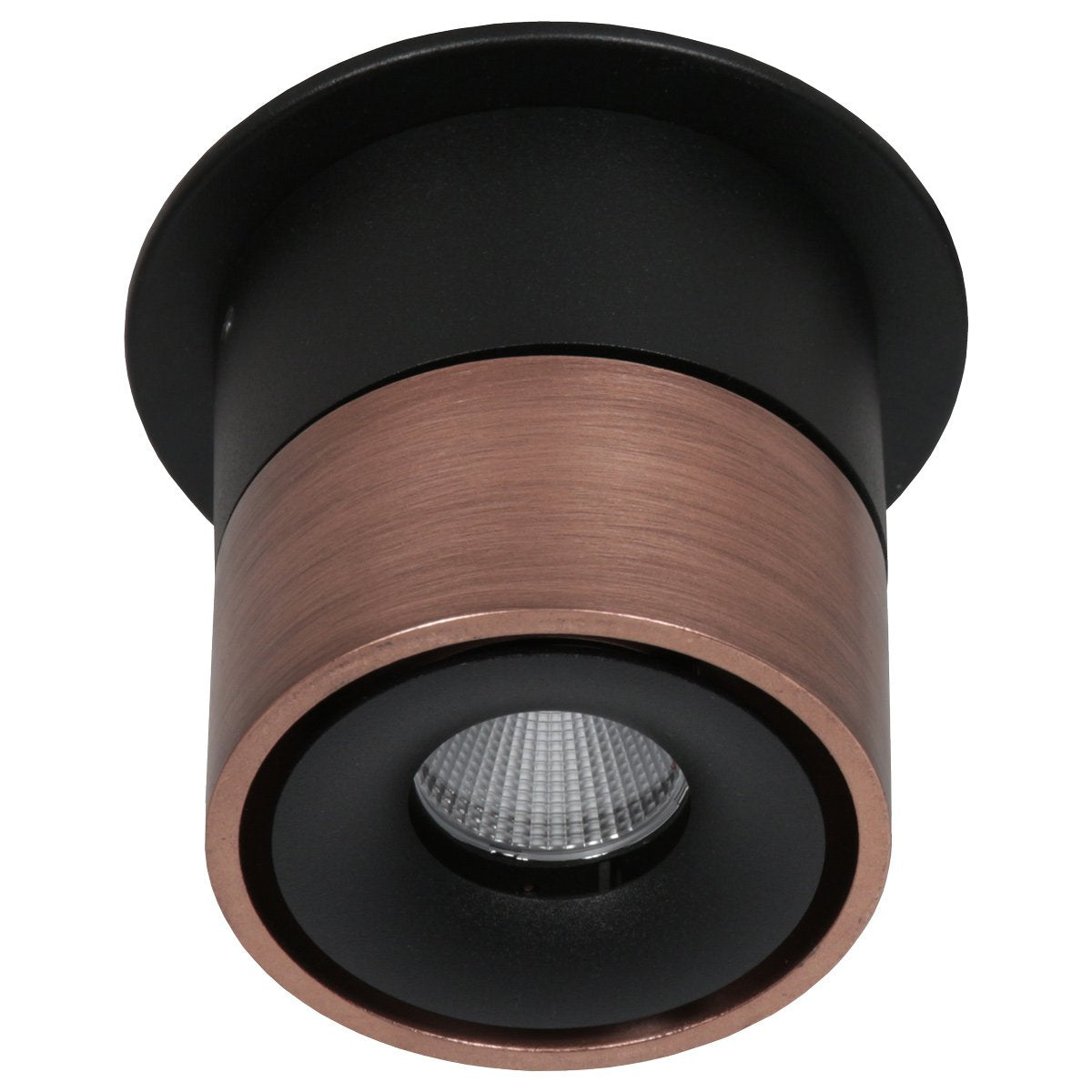 Vue de face du spot, lentille LED ronde entourée d'une collerette en bronze brossé
