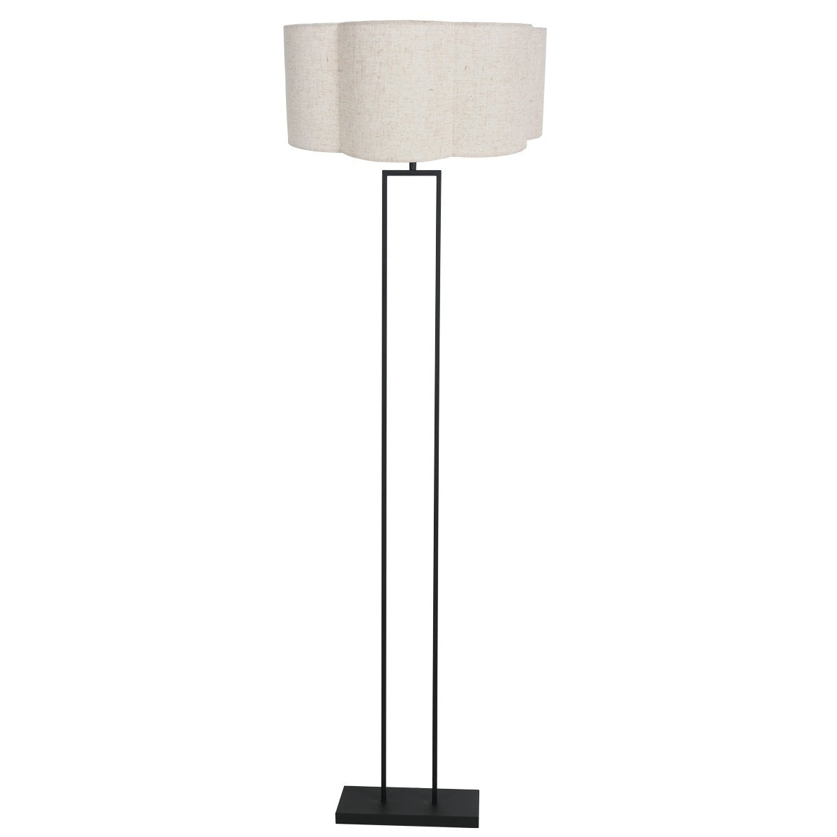 Lampadaire noir de face avec abat-jour crème festonné en lin