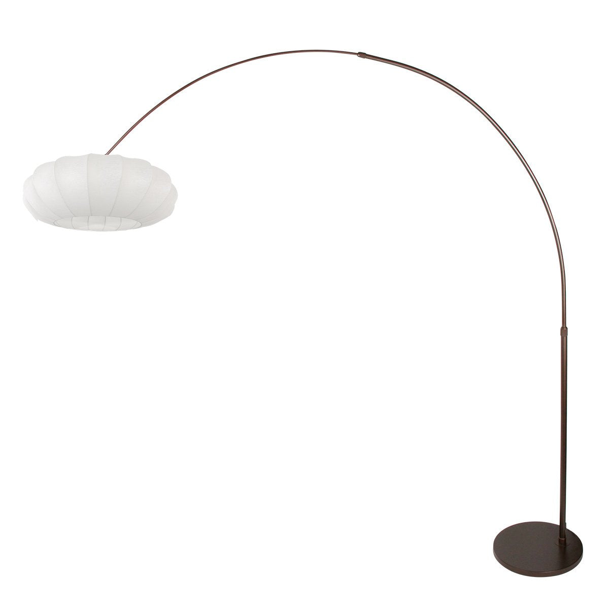 Vue inversée du lampadaire, base marron à droite et abat-jour blanc côtelé à gauche.
