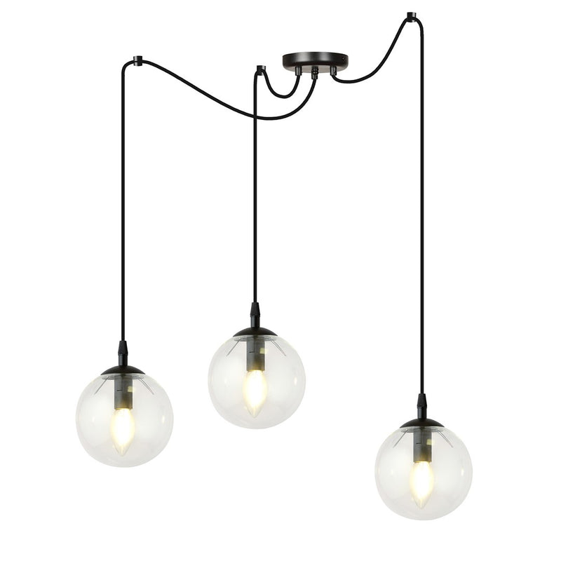 Suspension Gigi 3 lumières noire, verre transparent