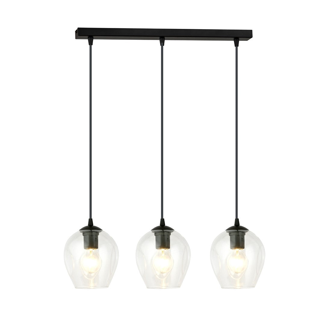 Vue de face du luminaire, trois globes en verre transparent allumés sur barre noire.