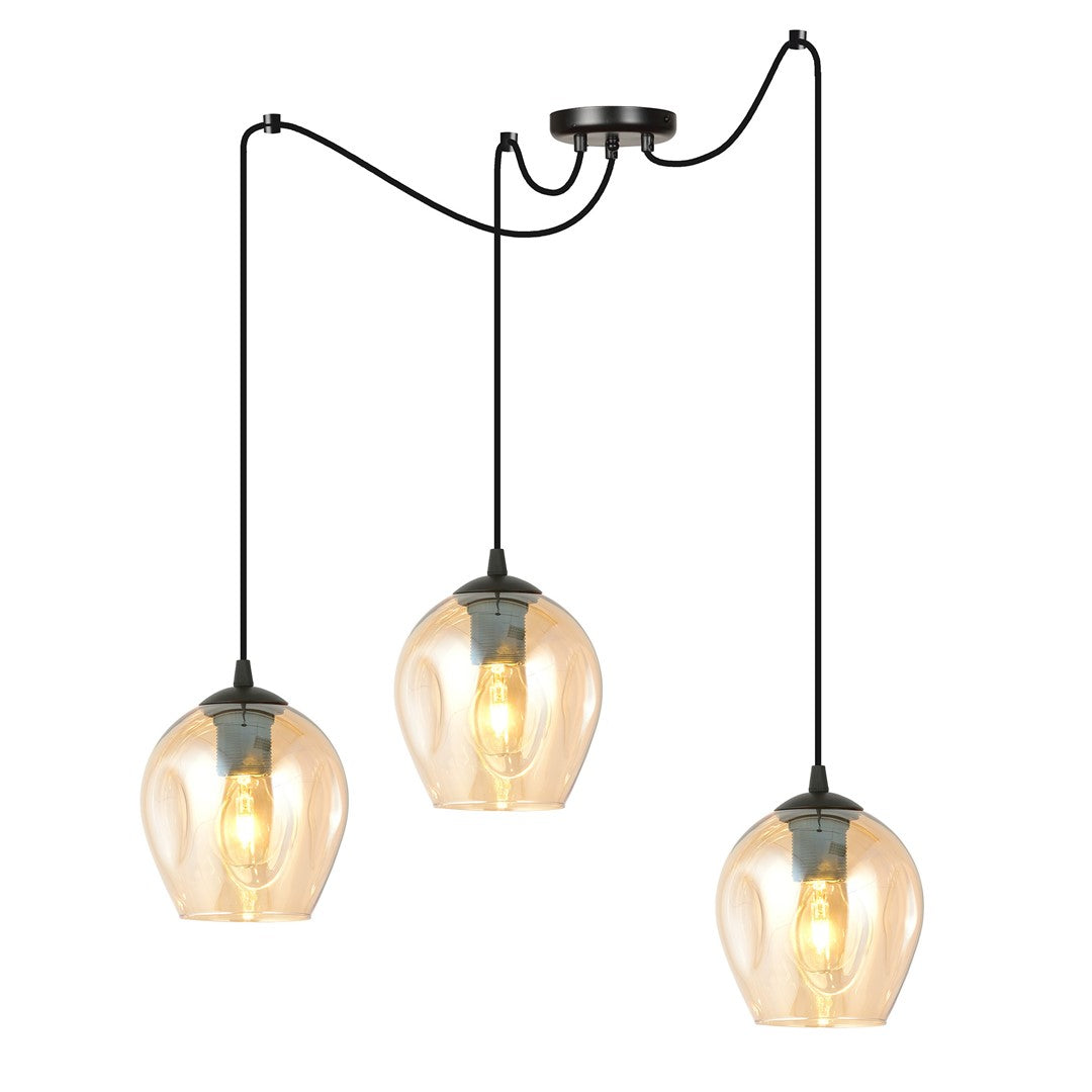 Suspension trois lumières vue de face, verre ambré et câbles noirs sur fond blanc