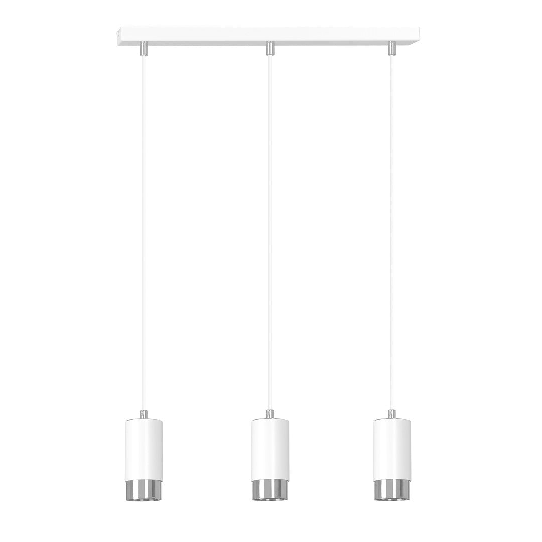 Suspension trois lumières vue de face, structure blanche et diffuseurs cylindriques chromés