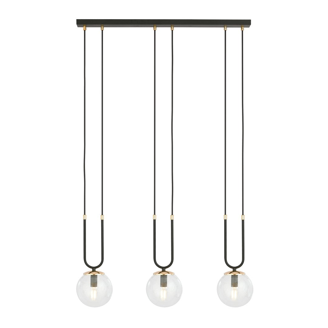Vue de face de la suspension noire à trois globes de verre transparent
