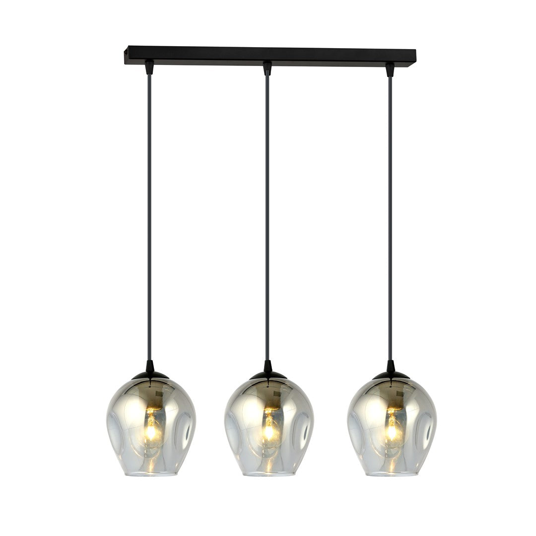 Suspension trois lumières vue de face, verres graphite et douilles noires.