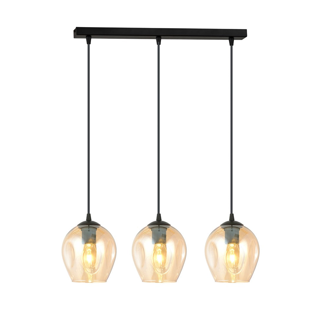 Suspension trois lumières de face, verres ambrés et structure métal noir sur fond blanc