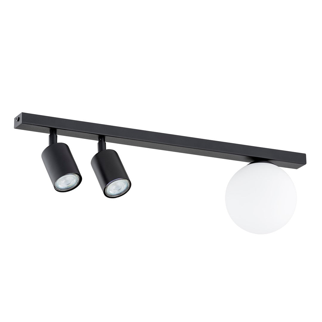 Vue de profil du plafonnier noir avec deux spots orientables et globe blanc