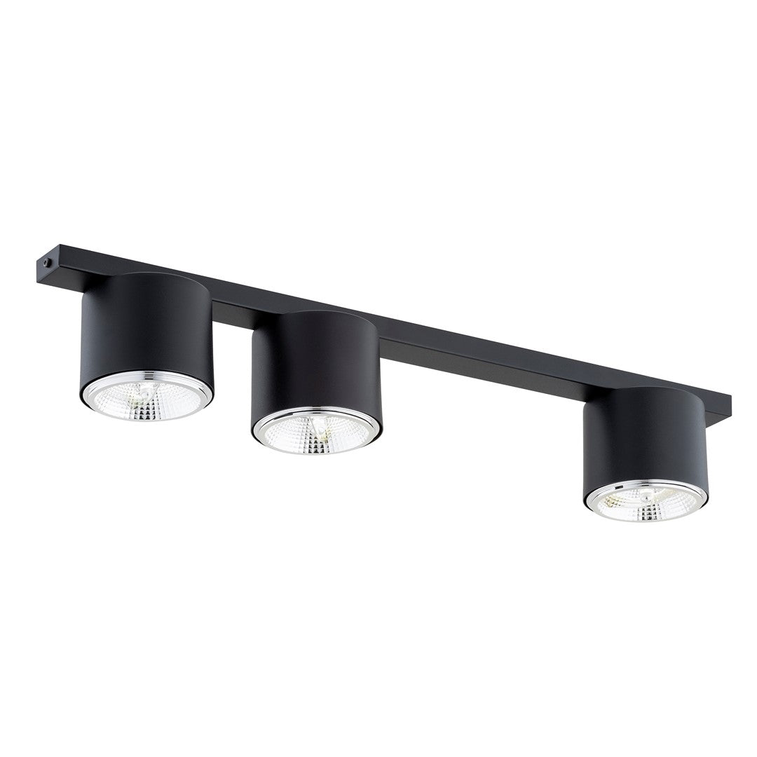 Vue de trois quarts du plafonnier noir à trois projecteurs cylindriques orientables.