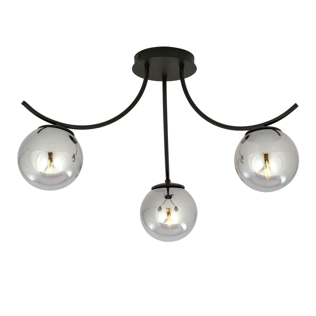 Plafonnier noir trois globes verre fumé, vue de face sur fond blanc