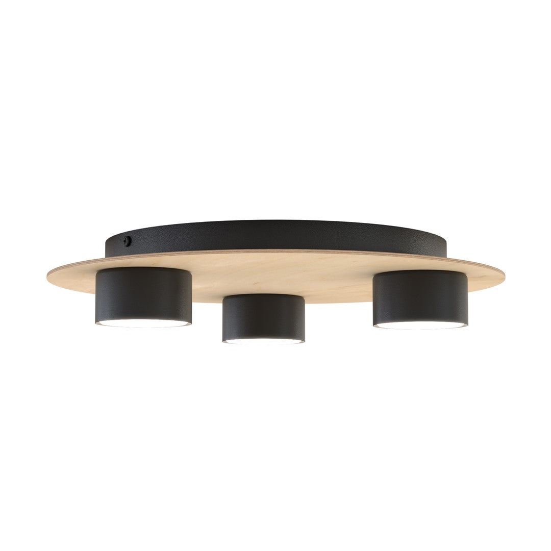 Profil du luminaire dévoilant la platine noire et les trois cylindres en saillie.