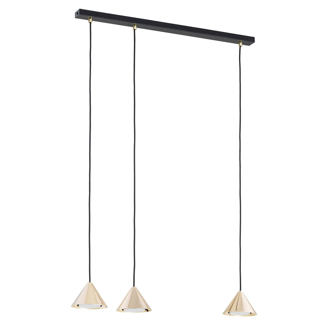 Photographie produit du luminaire suspendu, mettant en avant la longue barre noire et les cônes dorés.