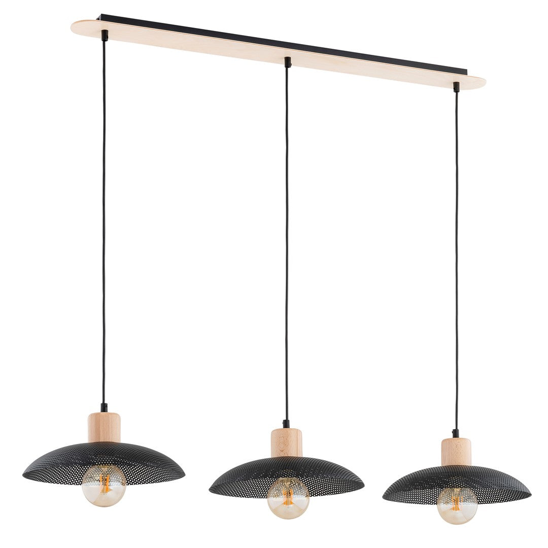 Vue de face du luminaire, trois abat-jours métal perforé noir et douilles bois