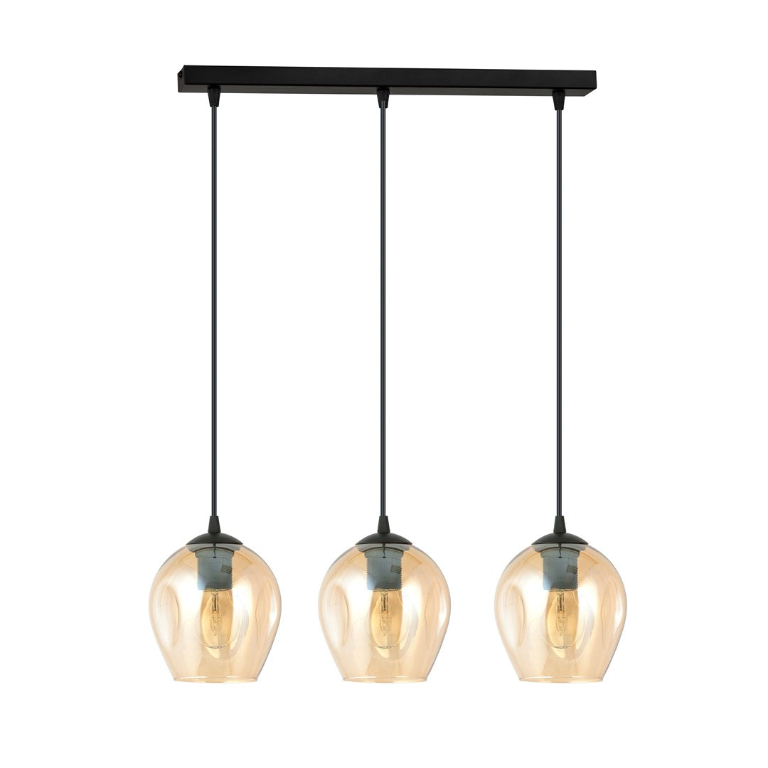 Vue produit de face sur fond blanc, trois globes en verre ambré suspendus par câbles noirs