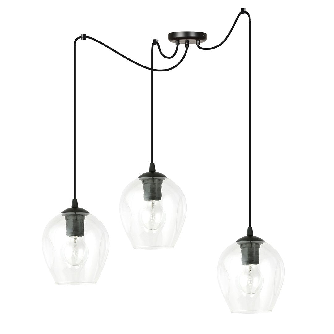 Même suspension trois abat-jours verre clair éteints, câbles noirs réglables, fond blanc
