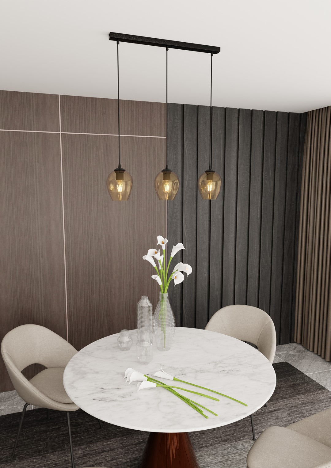 Mise en ambiance au-dessus d'une table ronde en marbre, mur bois et rideaux beiges