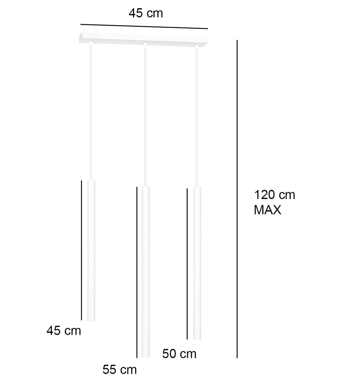 Schéma de dimensions indiquant 45 cm de large et 120 cm de hauteur maximale