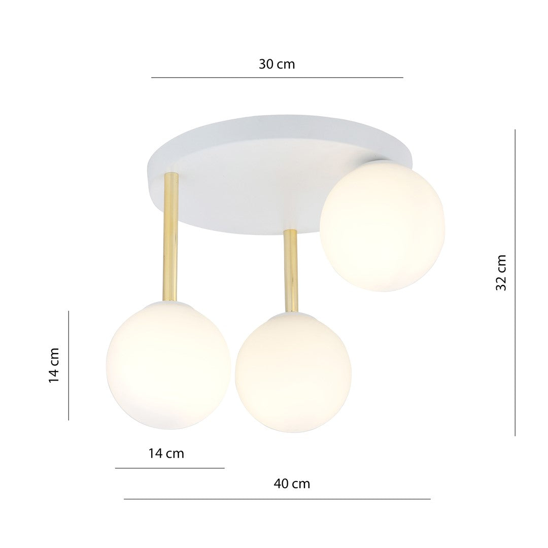 Schéma coté indiquant diamètre 30 cm, hauteur 32 cm, globes 14 cm
