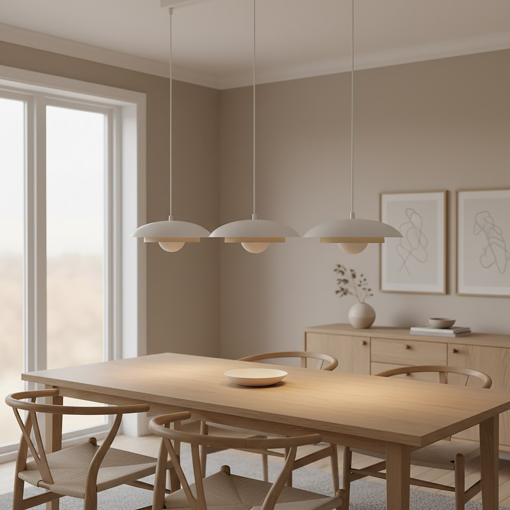 Mise en ambiance au-dessus d'une table en bois clair dans un intérieur beige