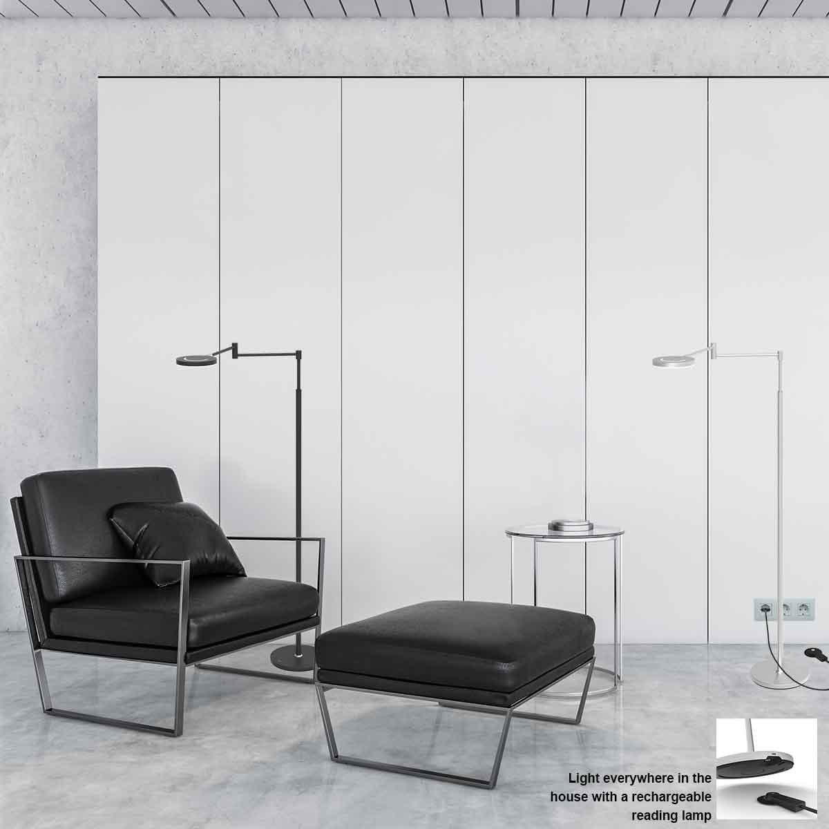 Scène d'intérieur minimaliste avec lampadaire noir et version argentée côte à côte