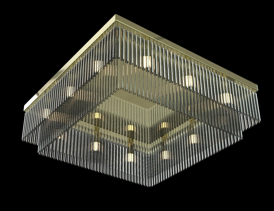 Vue de face du plafonnier carré doré à tiges de verre en cascade