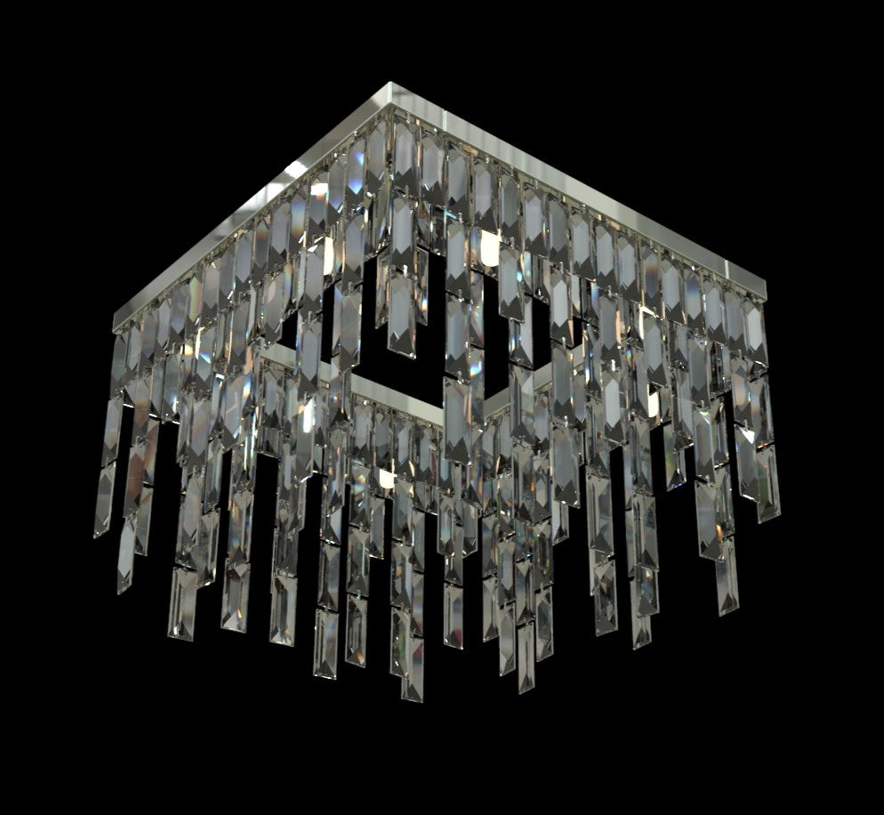 Vue de trois quarts du même luminaire à monture argentée et gouttes de cristal rectangulaires