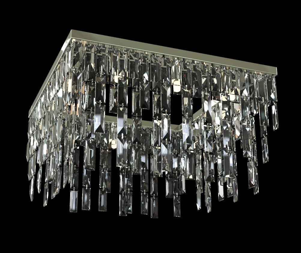 Même luminaire vu de dessous, structure argentée et cascade de prismes transparents.