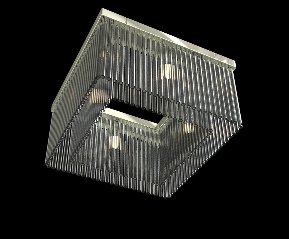 Second angle du luminaire carré, mettant en valeur la structure métallique et les tiges de verre.