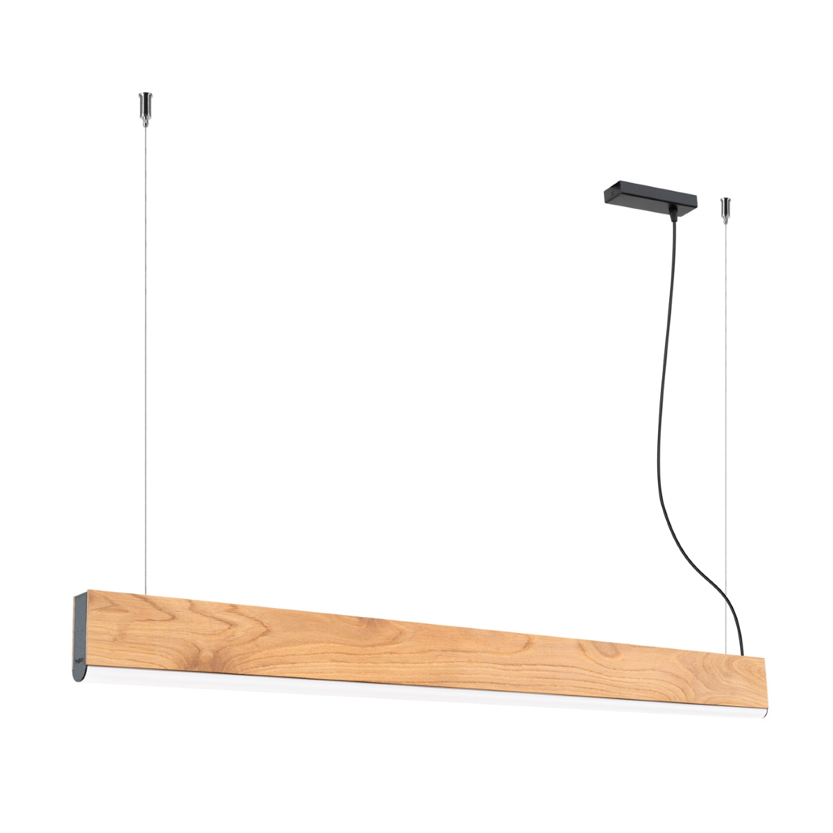 Vue de face du luminaire suspendu en bois clair avec câbles fins et câble électrique noir.