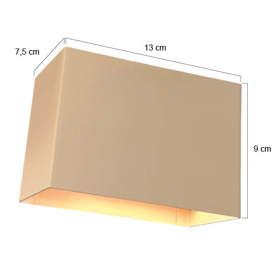 Schéma coté du luminaire : 13 cm de large, 9 cm de haut, 7,5 cm de profondeur
