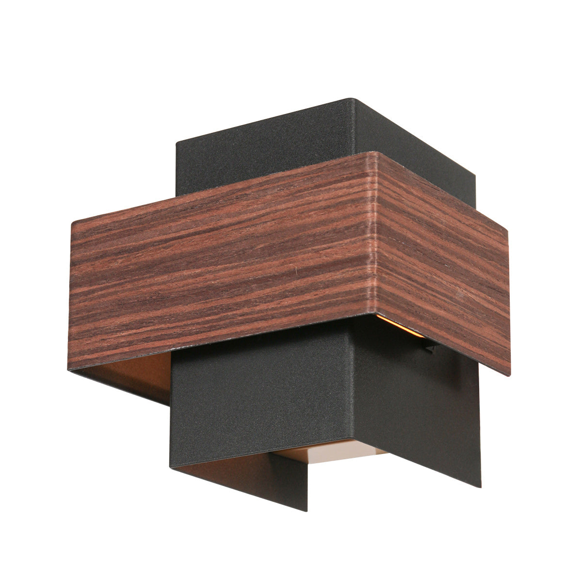 Vue trois quarts de l'applique cubique noire avec bandeau aspect bois