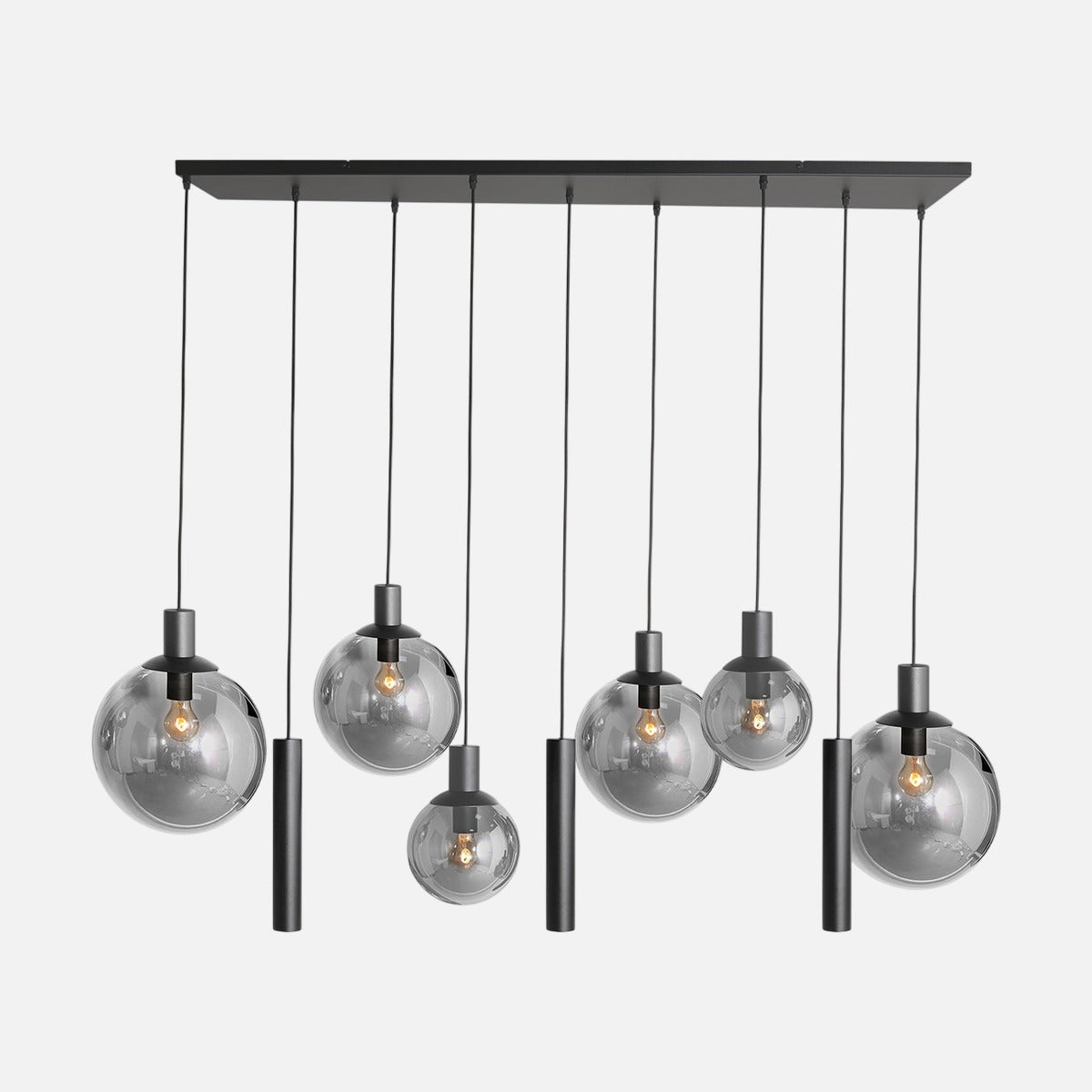 Suspension boule verre fumé noire Bollique 9 lumières — vue d'ensemble 160 cm