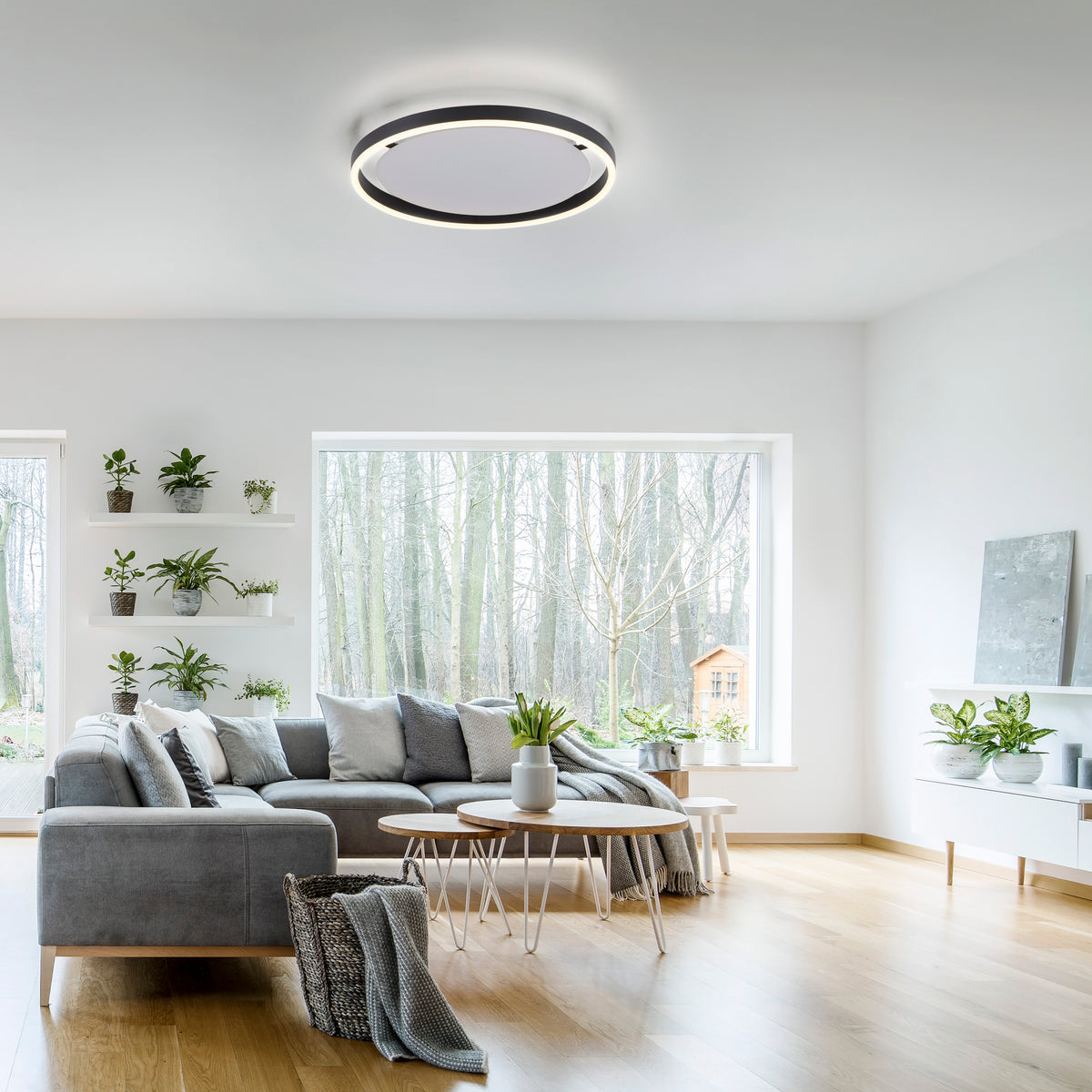 Mise en ambiance du plafonnier rond fixé au plafond d'un salon gris clair