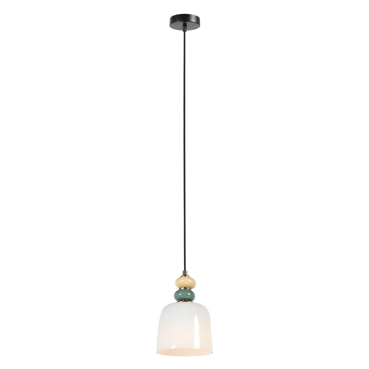 Vue d'ensemble du luminaire suspendu avec sa rosace noire et son câble réglable