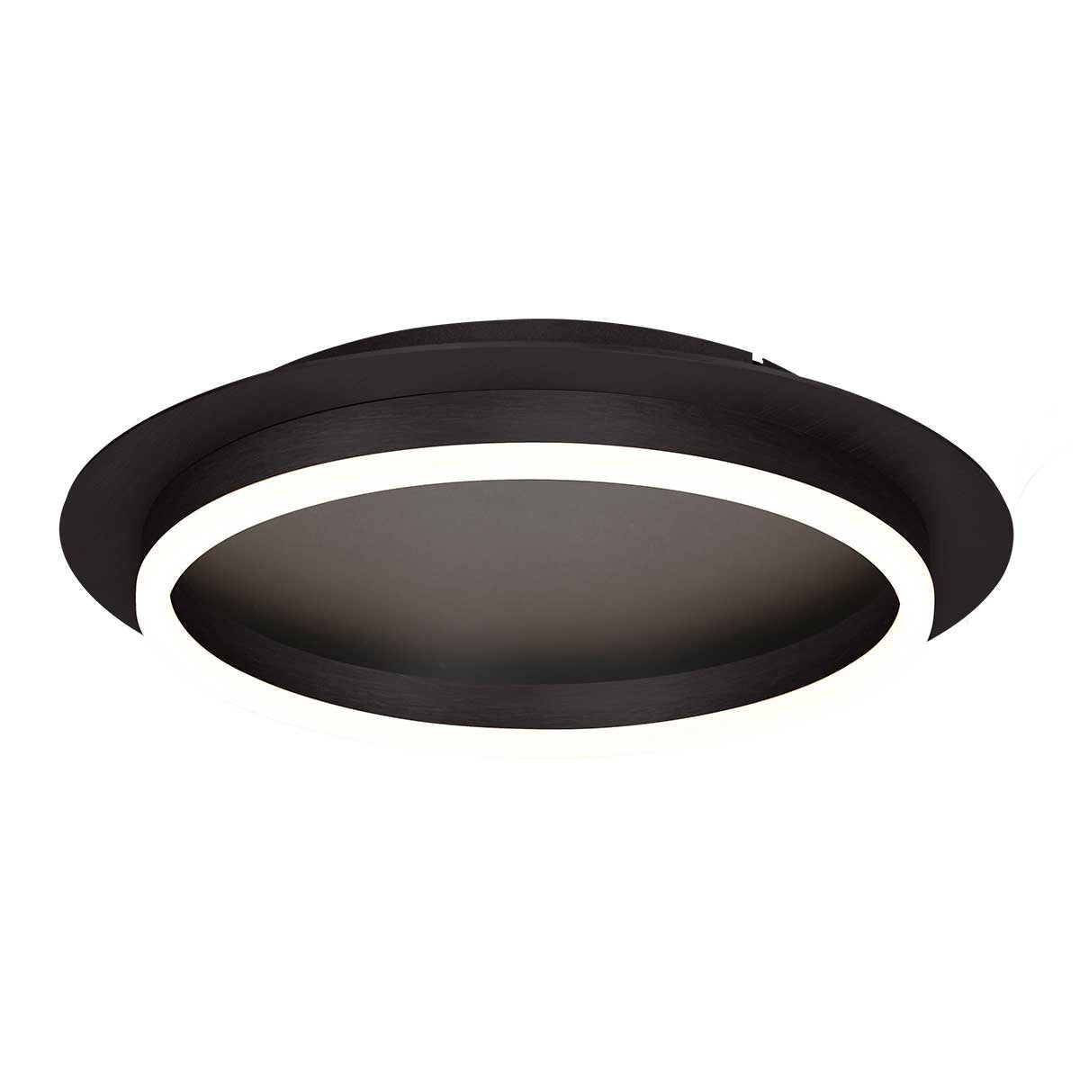 Vue de trois-quarts du plafonnier rond noir avec anneau LED blanc.