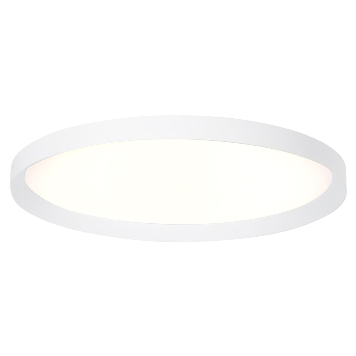 Vue de trois quarts d'un plafonnier rond blanc allumé, finition lisse