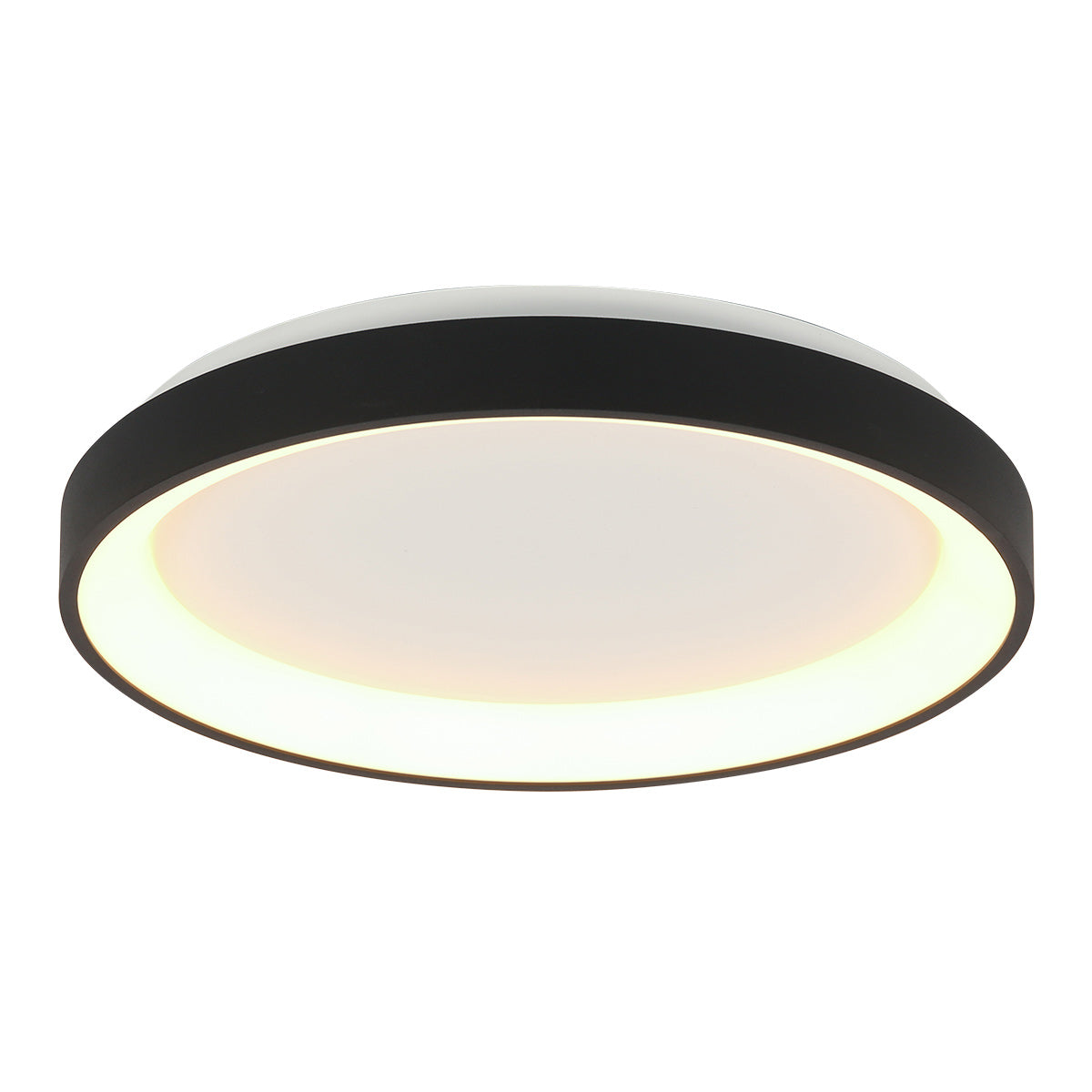 Vue en plongée du luminaire allumé, cerclage noir et diffuseur blanc lumineux