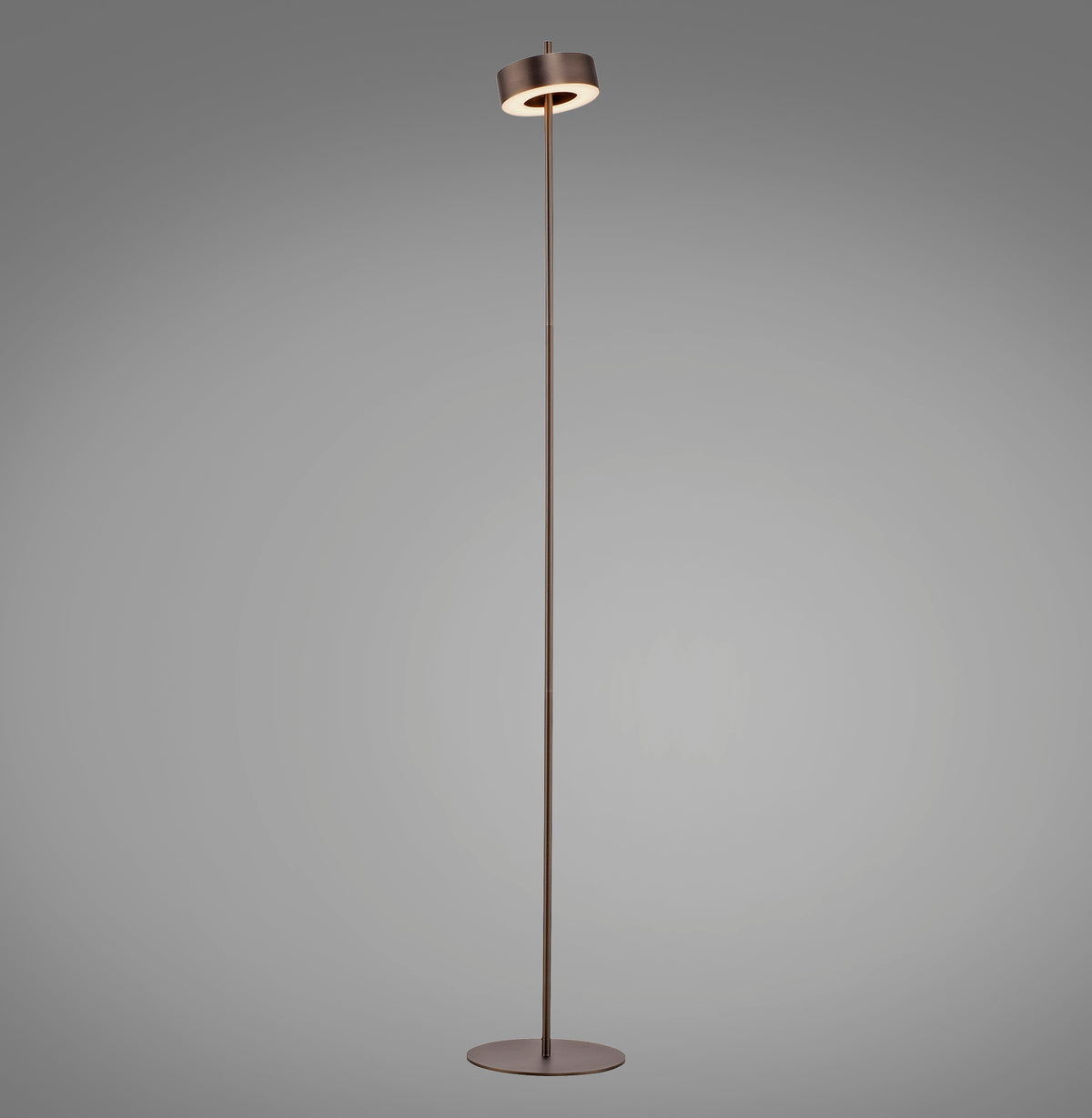 Lampadaire marron sur fond gris, vue de face, tige fine et socle rond.