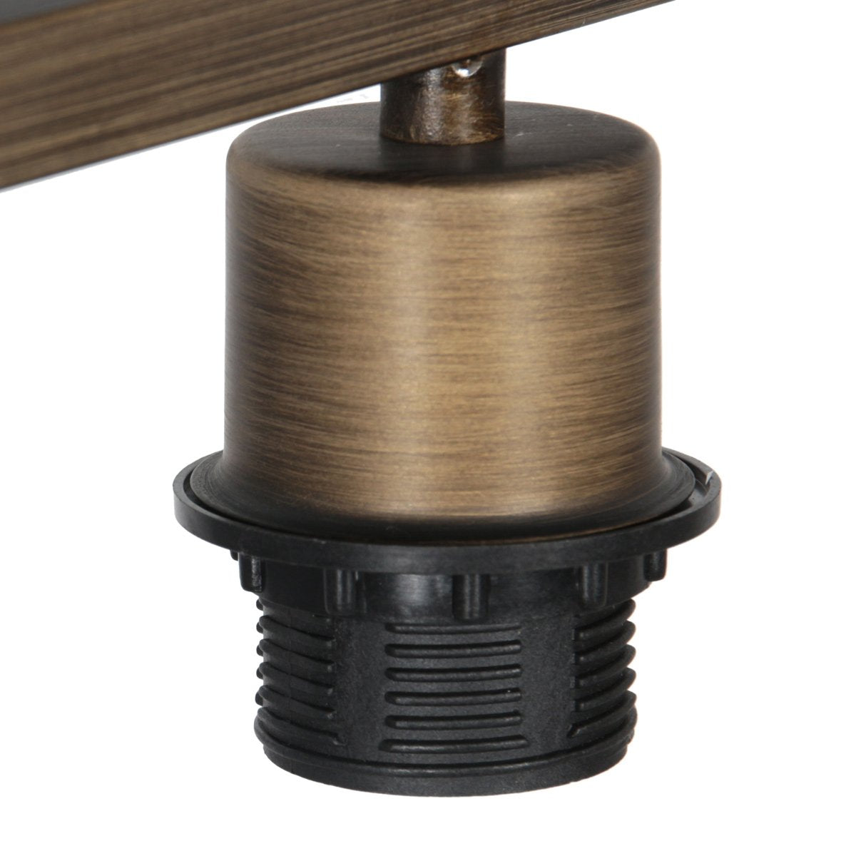 Gros plan sur la douille noire filetée et le cylindre bronze du luminaire.