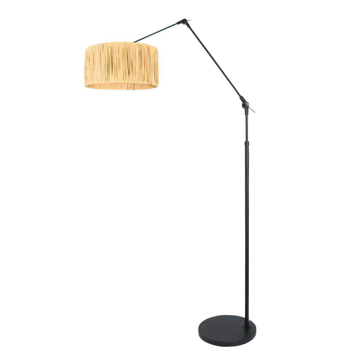 Vue du luminaire bras incliné vers la gauche, abat-jour en raphia suspendu