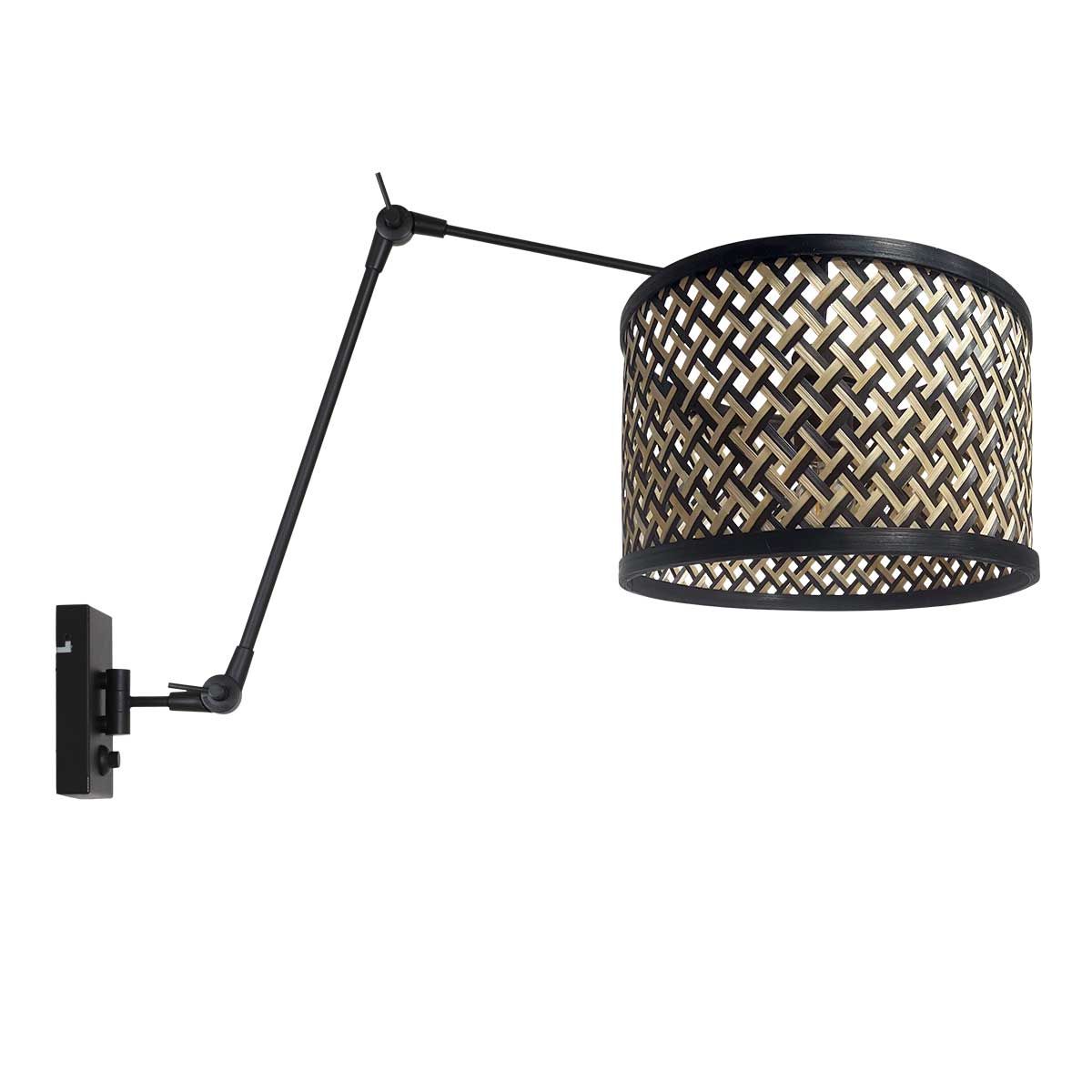 Applique murale liseuse bambou Yumé, bras articulé noir entièrement déployé