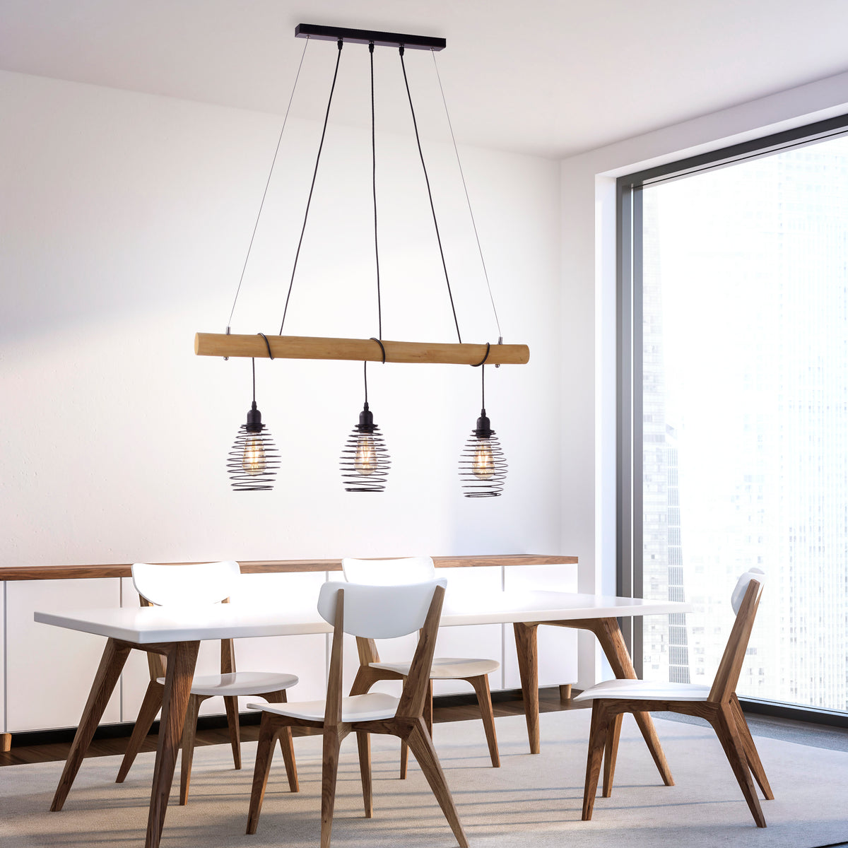 Mise en ambiance de la suspension au-dessus d'une table de salle à manger moderne