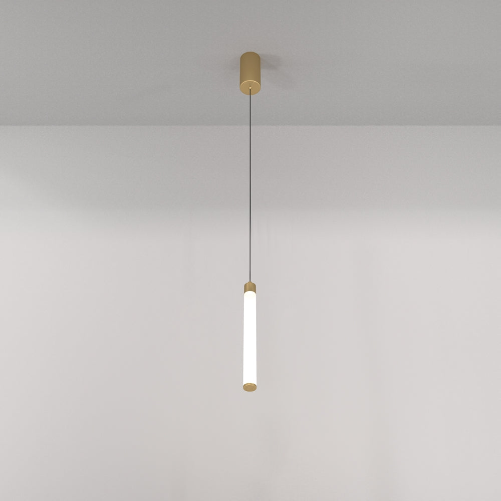 Suspension dorée avec tube lumineux vertical allumé, plafonnier cylindrique doré au plafond