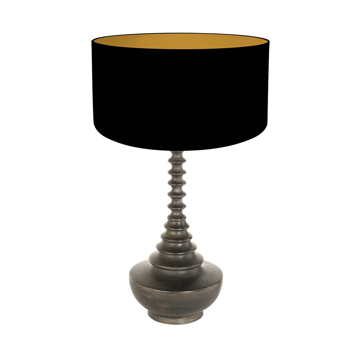 Luminaire complet de face, abat-jour tambour noir et intérieur doré sur pied en bois